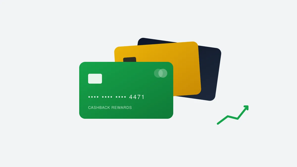 Stack of premium American cashback rewards credit cards in emerald green and gold, with an upward-trending percentage arrow symbolizing rising cashback rates and credit card rewards value for U.S. consumers in 2026