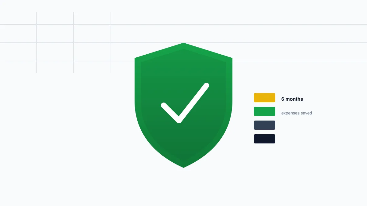 Protective emerald green shield with a checkmark beside stacked reserve fund bars, symbolizing a fully funded six-month emergency savings cushion for financial security and stability for American households